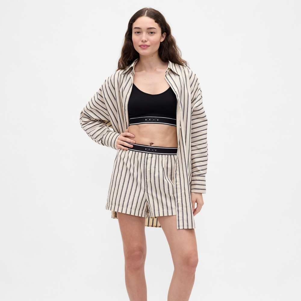 Gap × BÉIS Poplin Dolman Big Shirt Boxer Shorts Set Khaki tan & black stripe - Picture 15 of 15